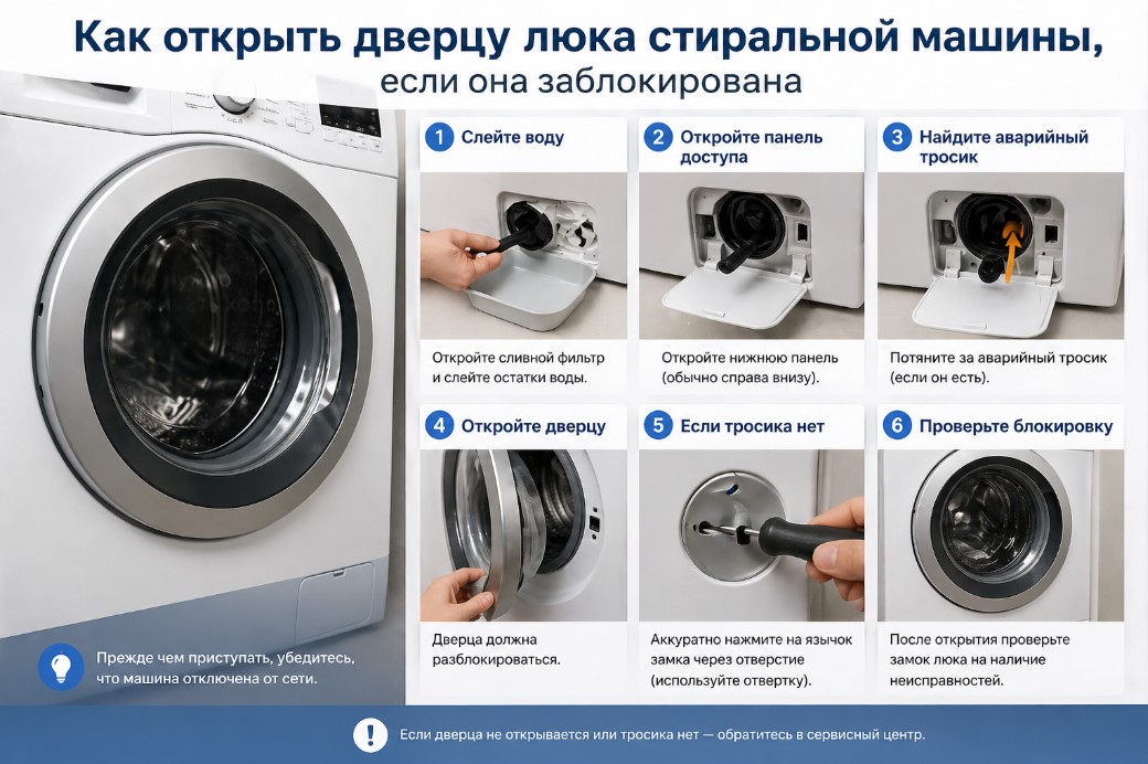 Как открыть дверцу люка стиральной машины, если она заблокирована Как открыть дверцу люка стиральной машины, если она заблокирована