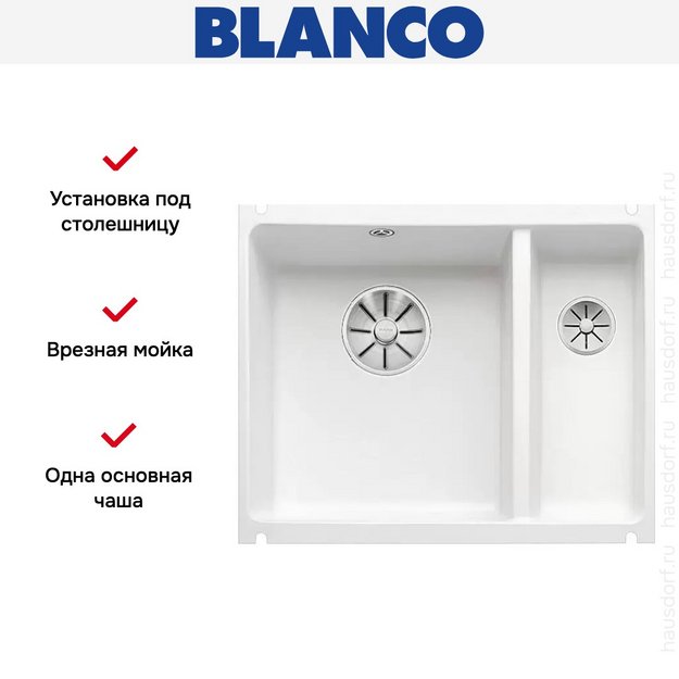 Мойка Blanco SUBLINE 350/150-U керамика отводная арматура InFino® глянцевый белый в Тюмени (preview 5)