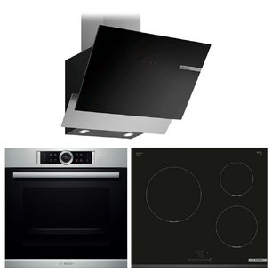 Bosch (варочная панель PUC631BB5E + духовой шкаф HBG 634BS1 + вытяжка DWK66AJ60T) фото в Тюмени